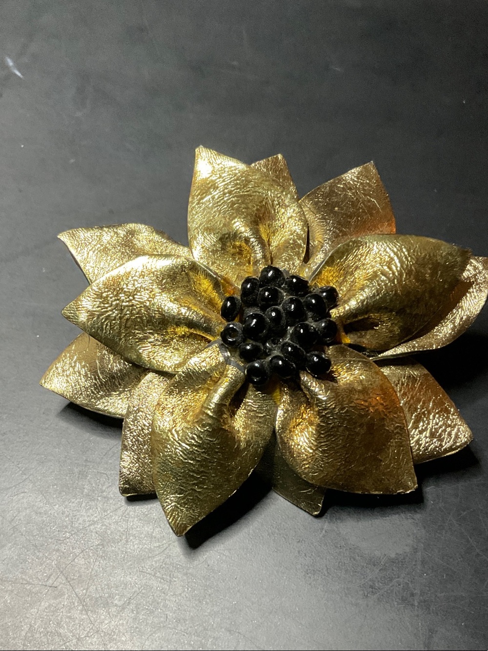 Gold Floral Statement Brooch with Black Bead Center